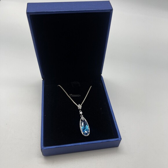 925 Sterling Silver Chain With 925 CZ Aqua Blue Stone Pendant New - Picture 8 of 9